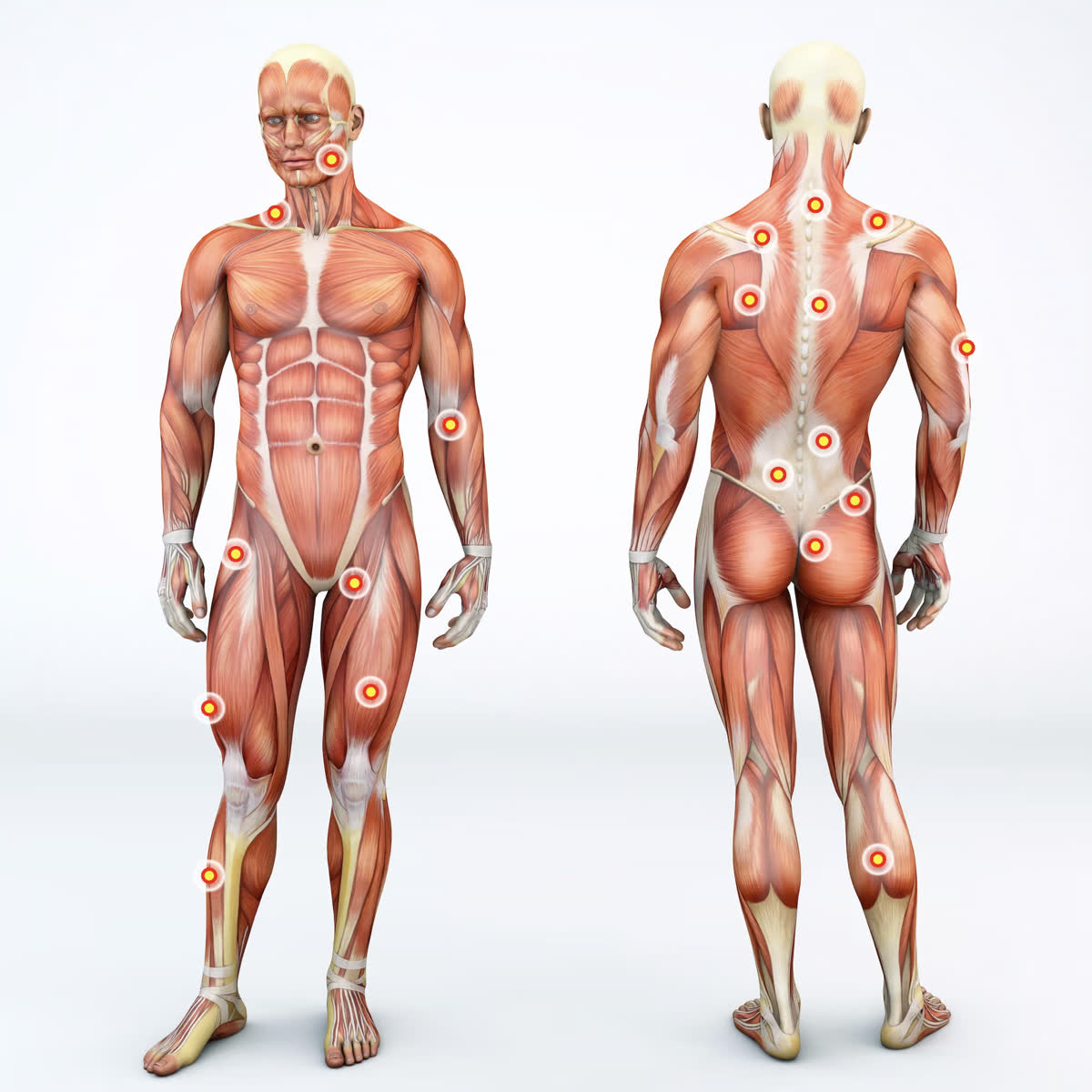 Anatomical muscle reference showing front and back trigger points